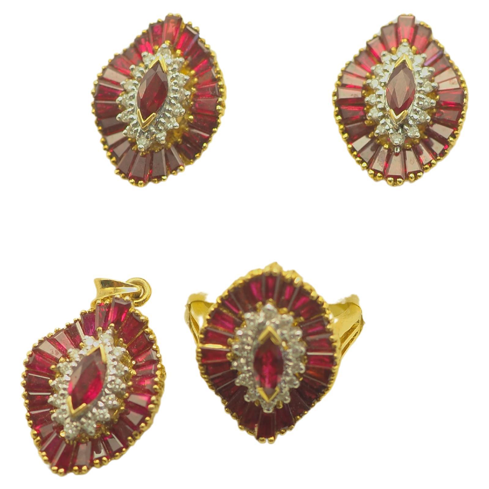18K Gold Vintage Marquise Ruby & Diamond Broad Hat Ring, Earring, Pendant Set For Sale