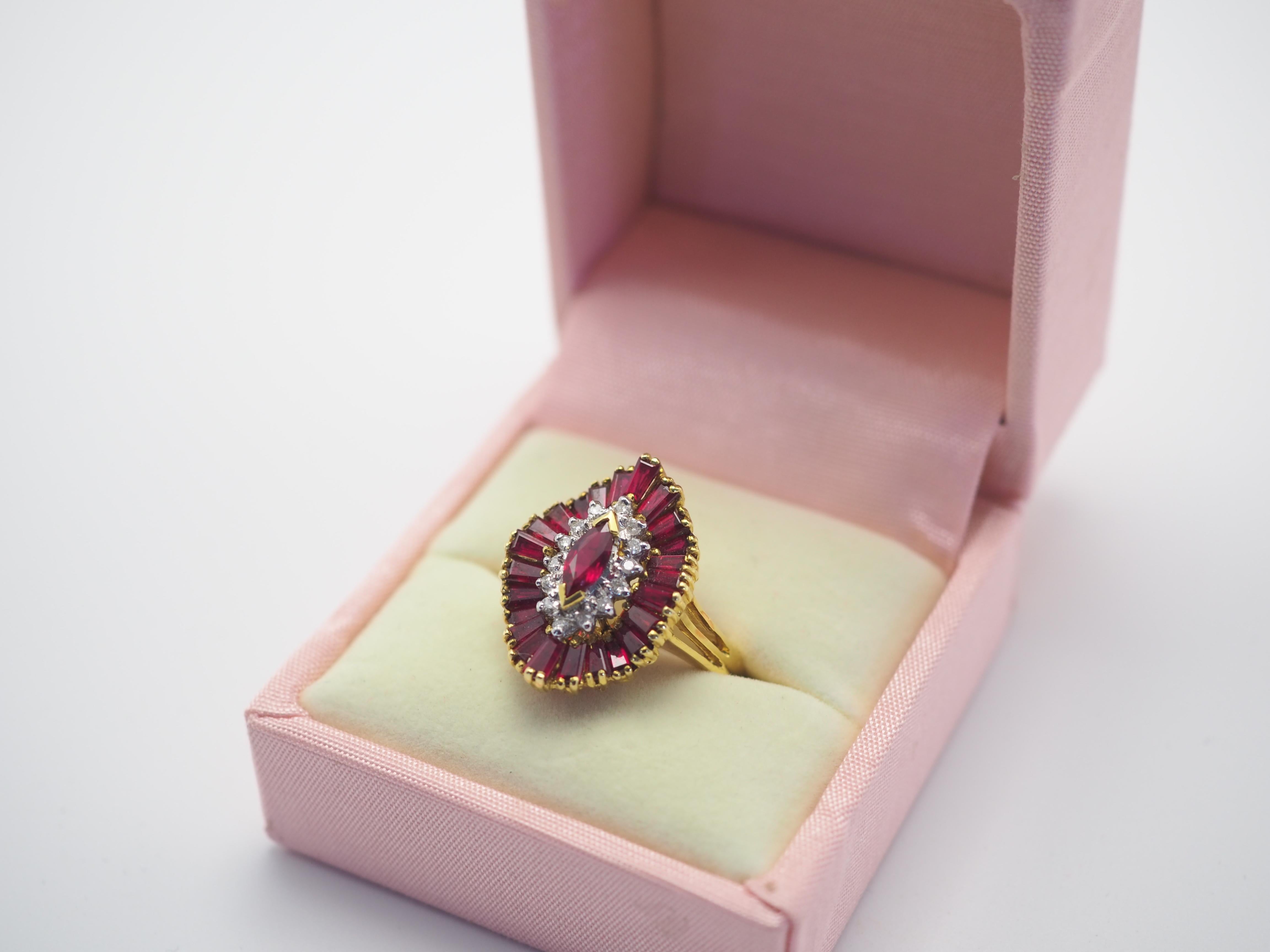 18K Gold Vintage 3.46ctw Marquise Ruby and 0.12ct Diamond Broad Hat ...