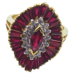 18K Gold Vintage 3.46ctw Marquise Ruby & 0.12ct Diamond Broad Hat Ring