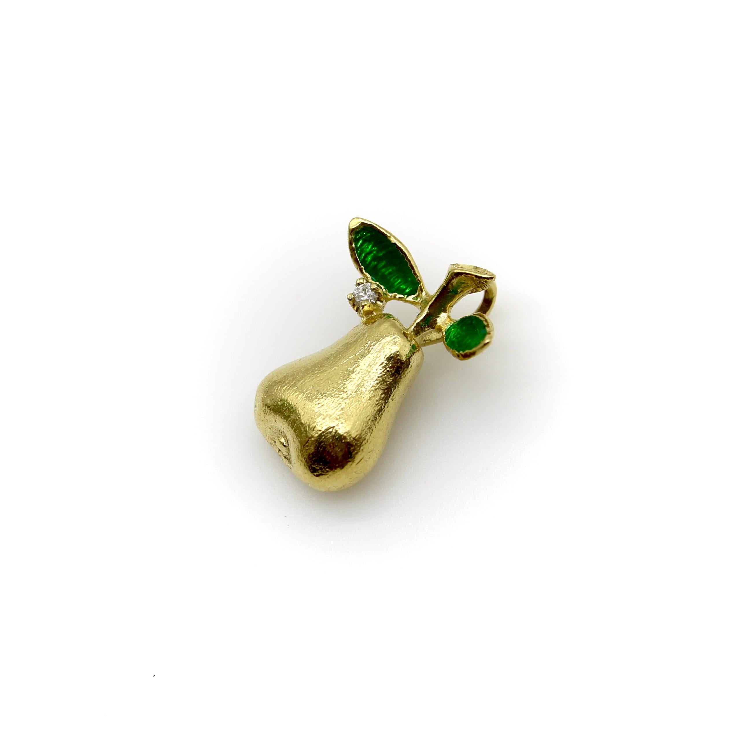 Modern 18K Gold Vintage Pear Diamond and Enamel Charm For Sale