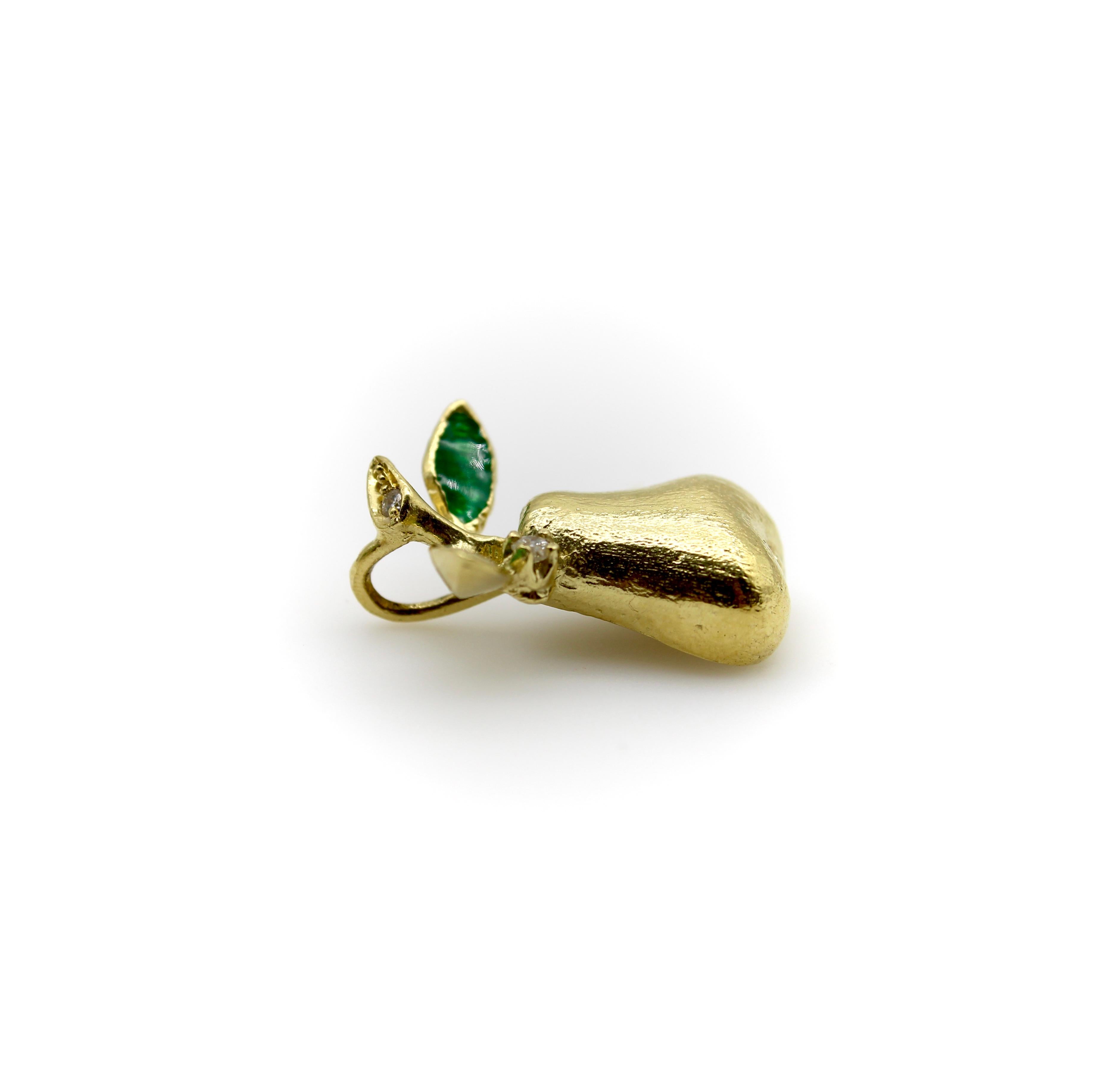 Round Cut 18K Gold Vintage Pear Diamond and Enamel Charm For Sale