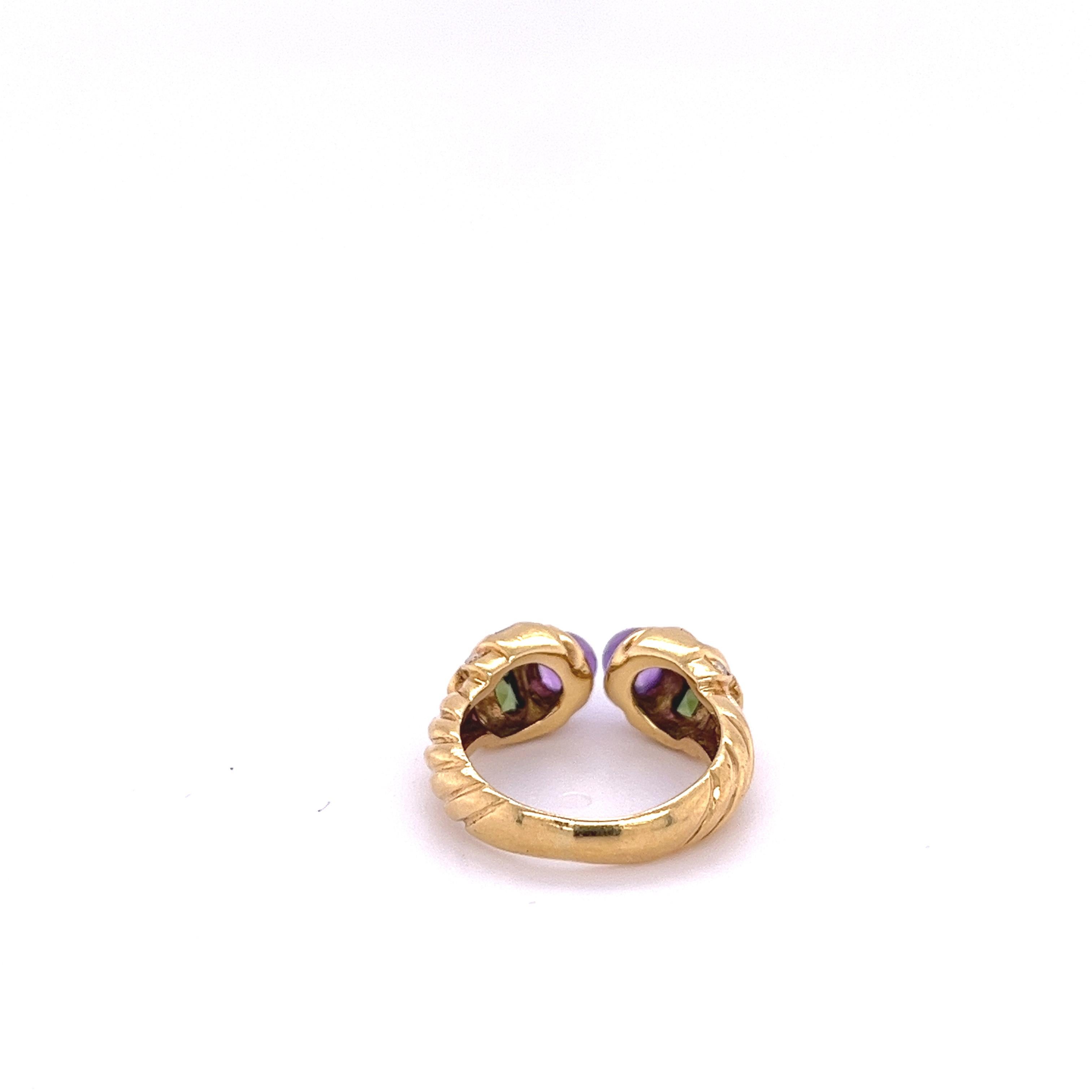 Cabochon 18k Gold Vintage Retro Open Ring with Amethyst, Peridot, and Diamonds For Sale