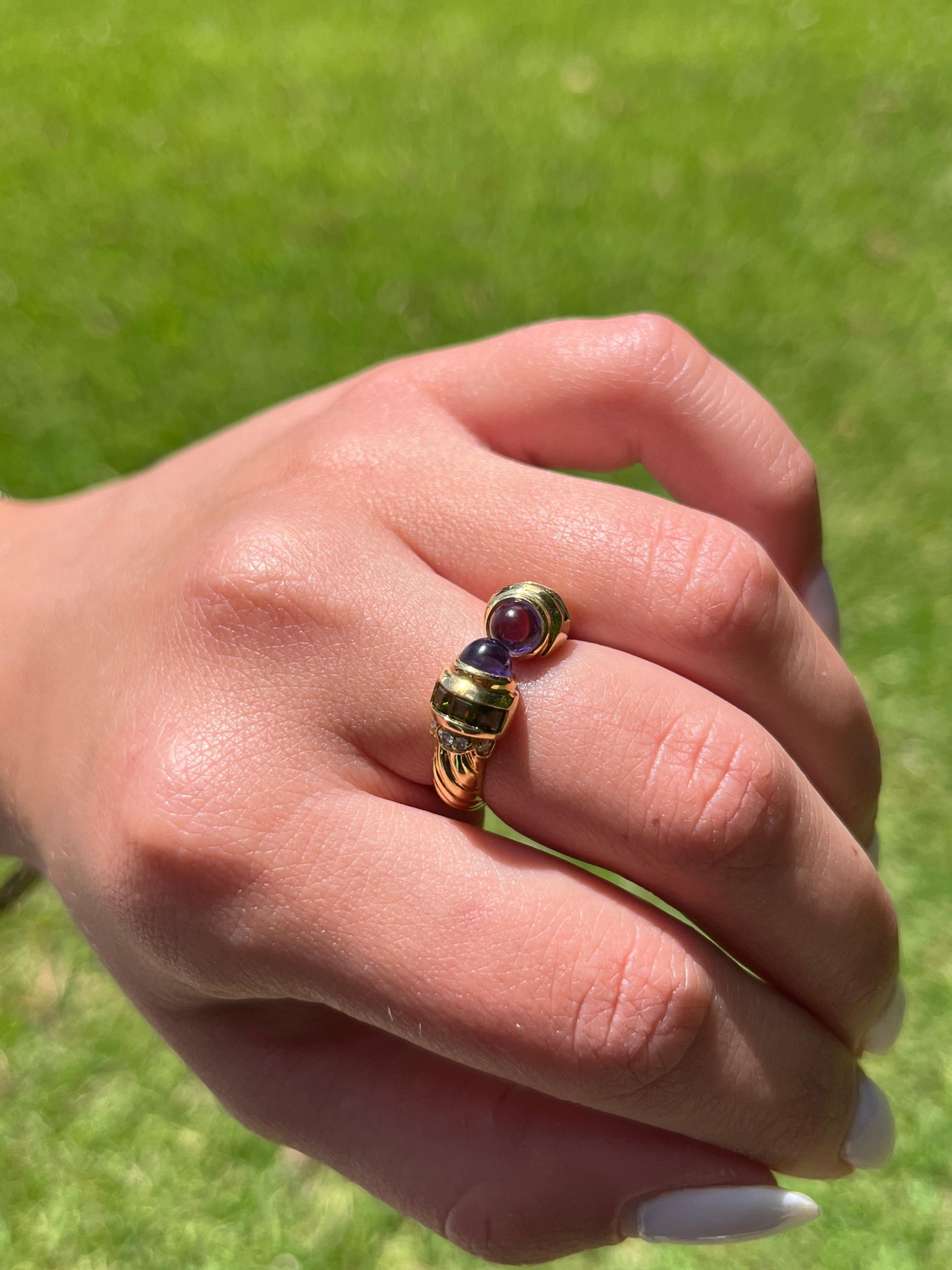 18k Gold Vintage Retro Open Ring with Amethyst, Peridot, and Diamonds In Excellent Condition For Sale In Miami, FL
