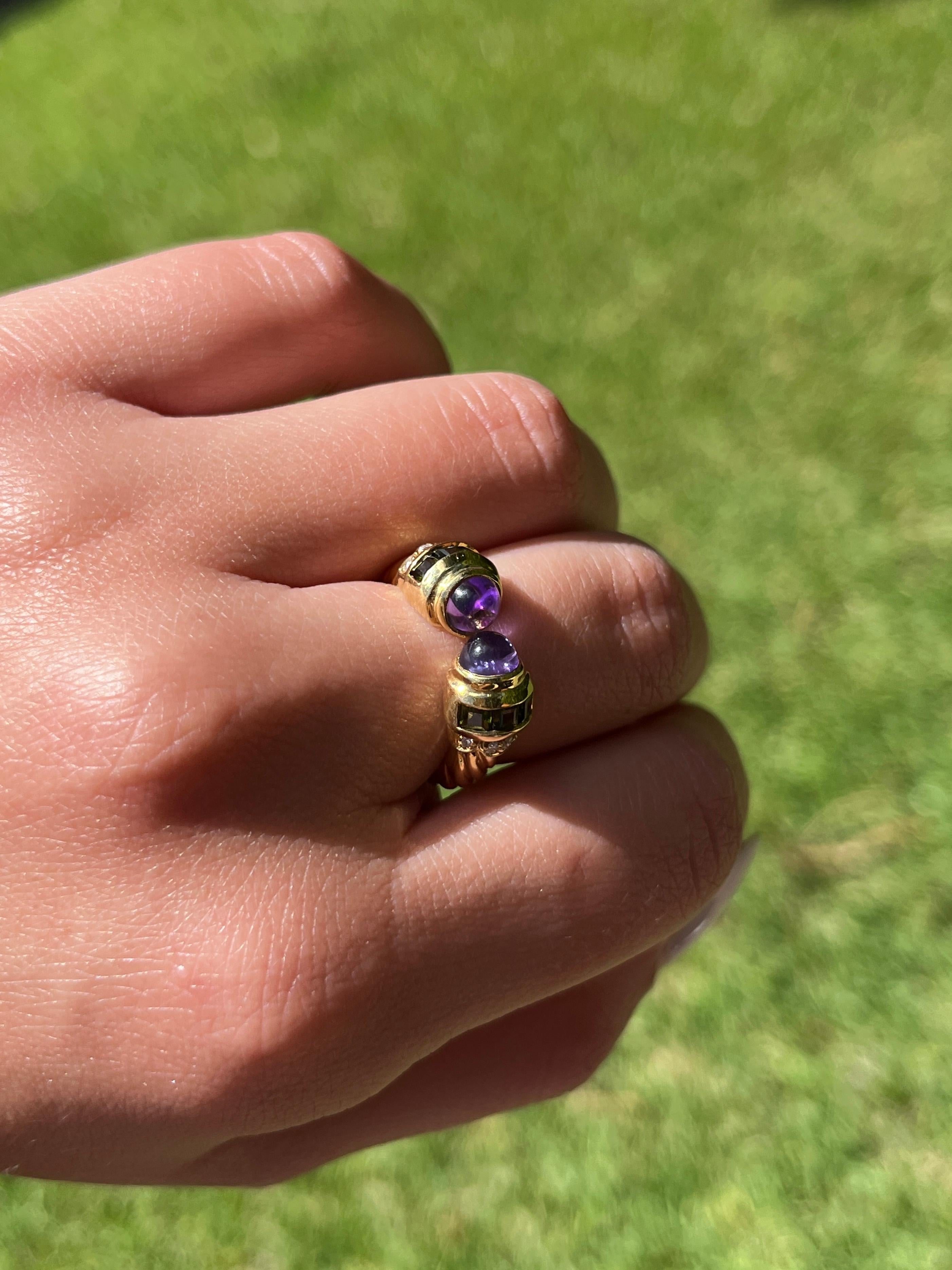 18k Gold Vintage Retro Open Ring with Amethyst, Peridot, and Diamonds For Sale 2
