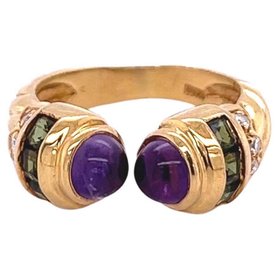 18k Gold Vintage Retro Open Ring with Amethyst, Peridot, and Diamonds