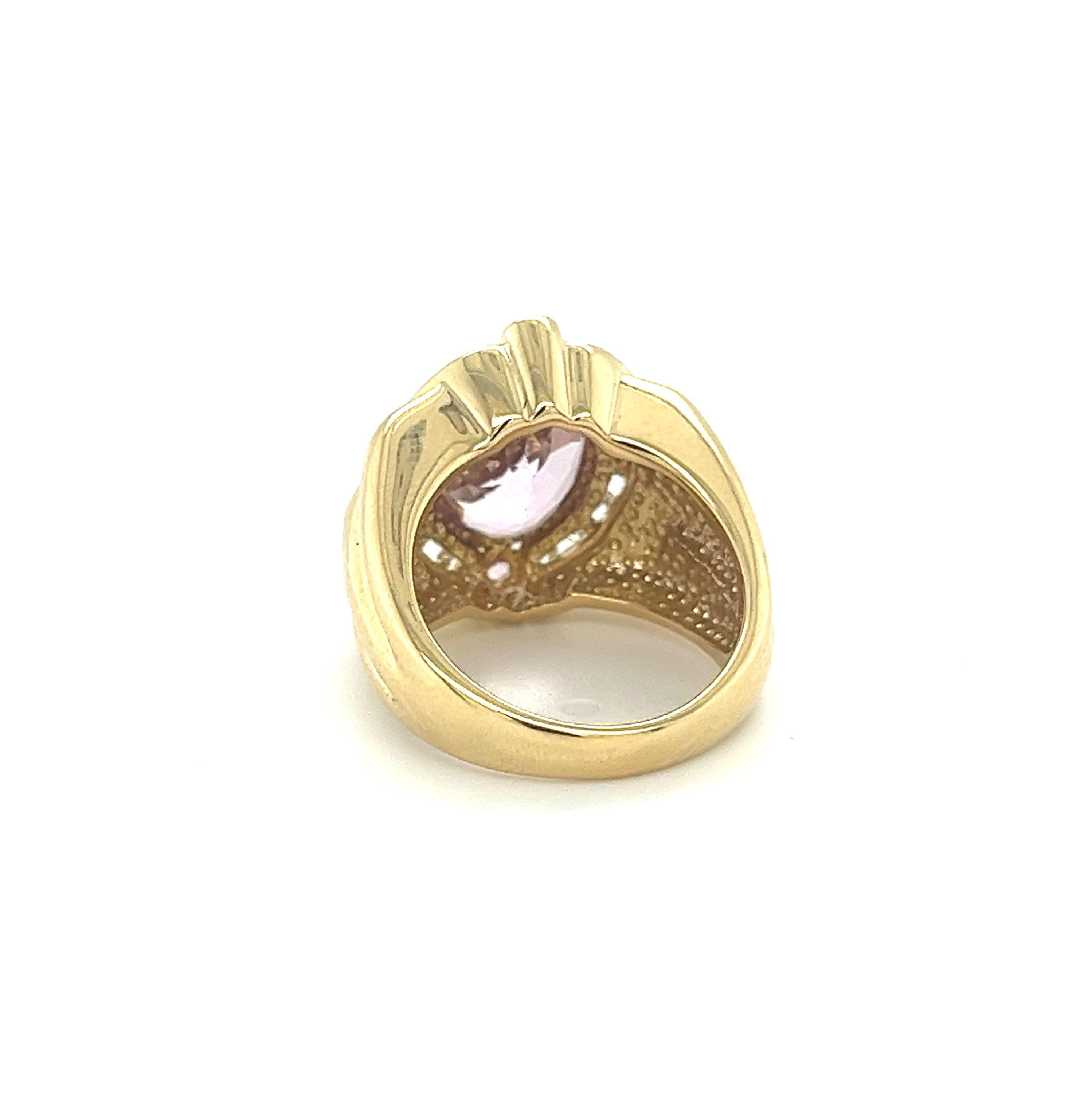 Art Deco 18K Gold Vintage Retro Regal Ring With Pink Kunzite and Diamond Halo For Sale