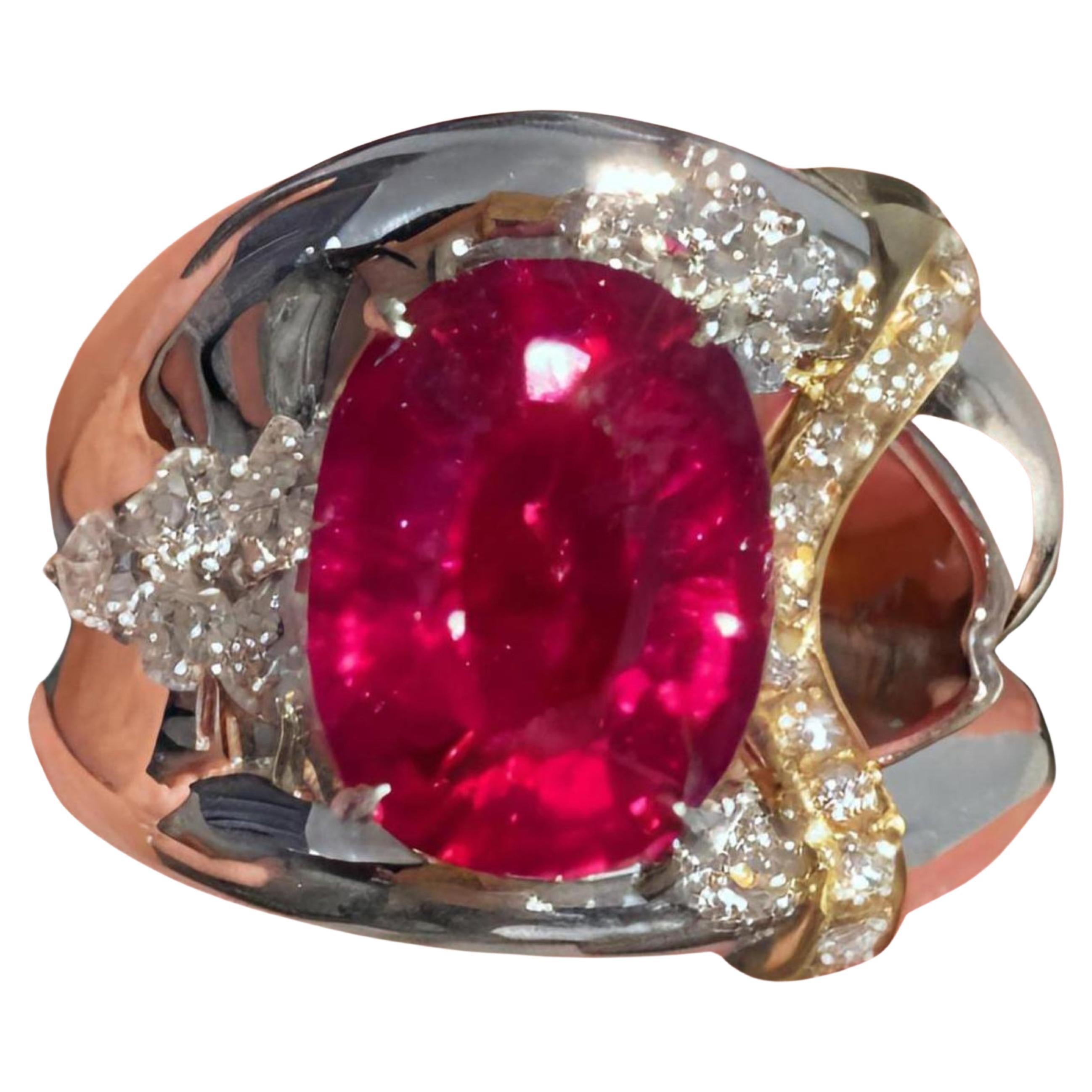 3.91 Carat Vivid Rubellite Tourmaline Diamond Cocktail Ring Think Gold