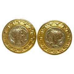 18K Gold Vintage Roman Coin Motif Round Earrings