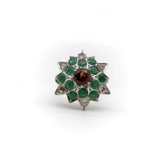 18K Gold Vintage Starburst Ring with Spessartite Garnet, Emeralds, and Diamonds
