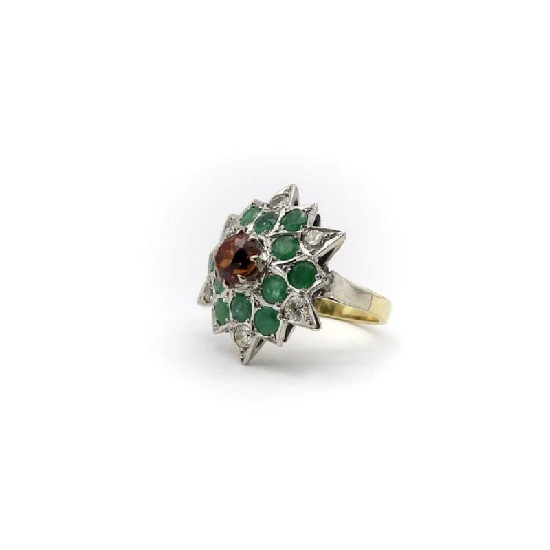 Modern 18K Gold Vintage Starburst Ring with Spessartite Garnet, Emeralds, and Diamonds