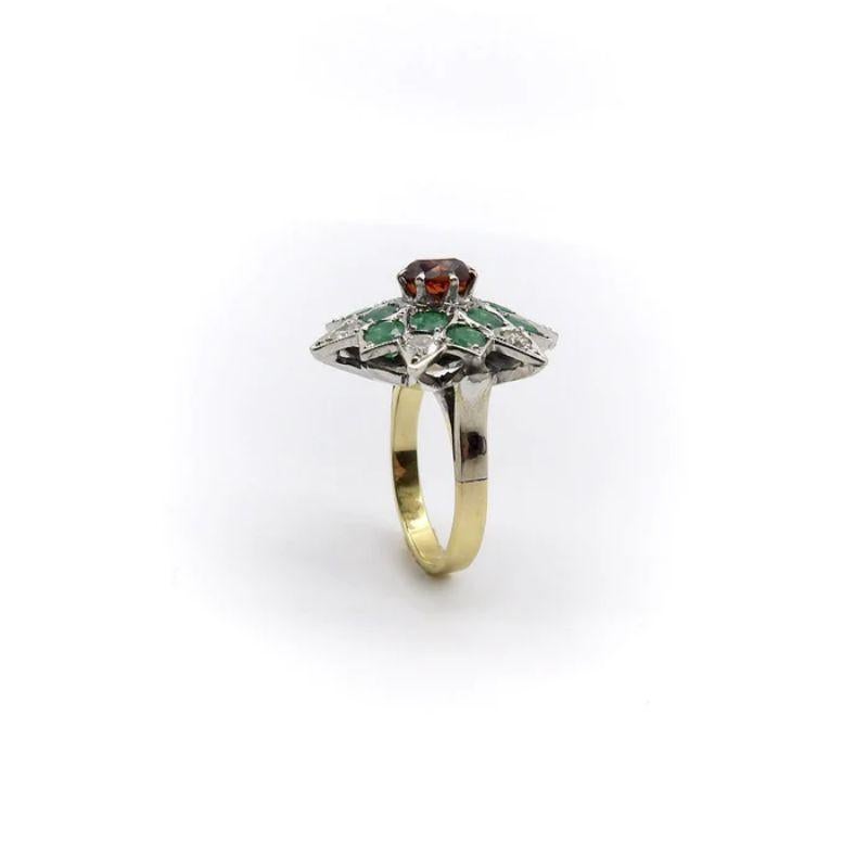 18K Gold Vintage Starburst Ring with Spessartite Garnet, Emeralds, and Diamonds In Good Condition For Sale In Venice, CA