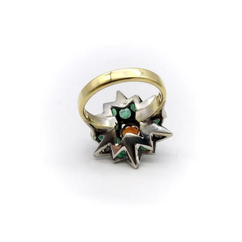 Women's 18K Gold Vintage Starburst Ring with Spessartite Garnet, Emeralds, and Diamonds For Sale