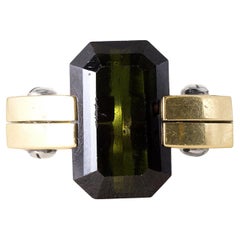 Anillo de oro de 18 quilates con turmalina vintage de corte esmeralda de rosca