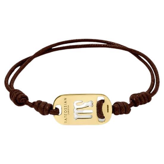 18K Gold Virgo Bracelet with Brown Cord For Sale