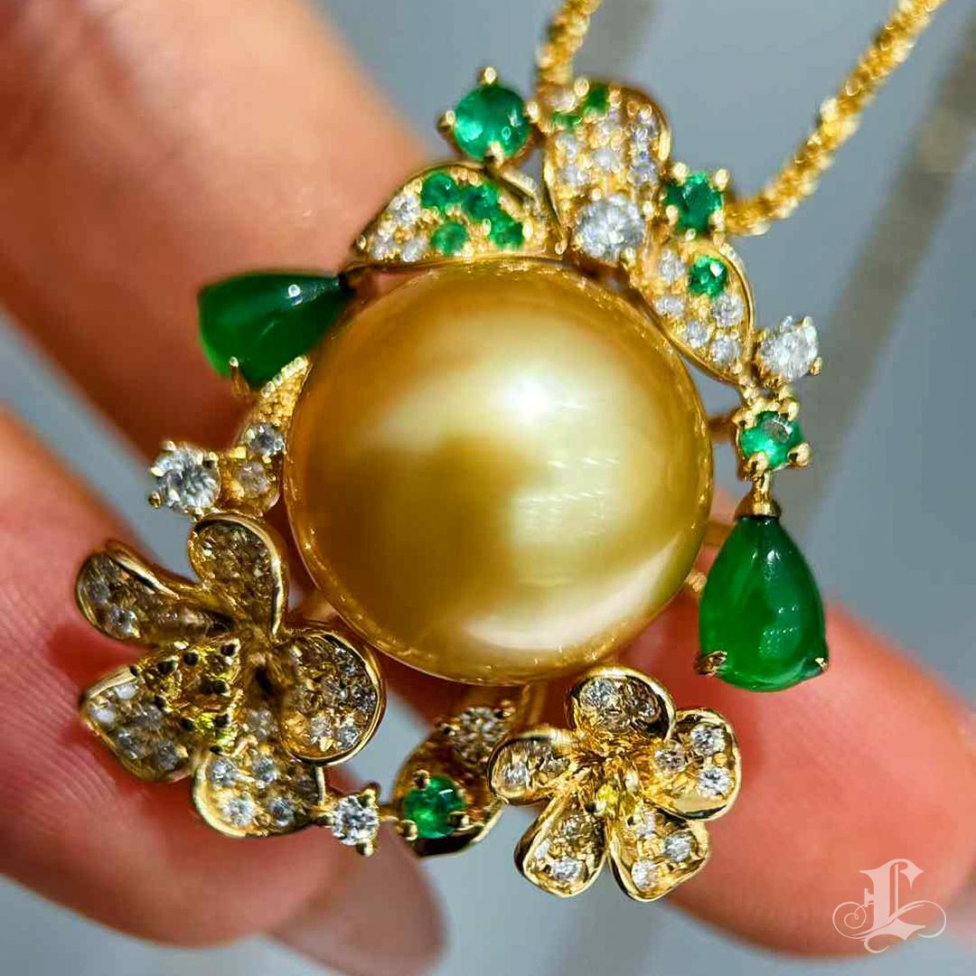 【Jādora】Imperial Garden Golden Pearl & Jade Floral Pendant 1