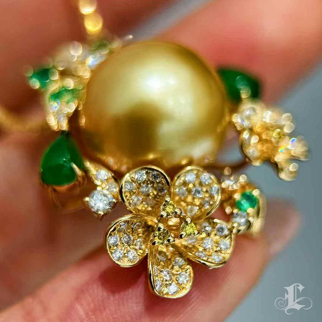 Women's 【Jādora】Imperial Garden Golden Pearl & Jade Floral Pendant