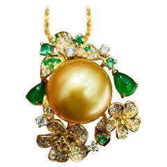 【Jādora】Imperial Garden Golden Pearl & Jade Floral Pendant