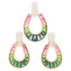 18K Gold Watermelon Tourmaline Raindrop Diamond Pendant Necklace Earrings Set