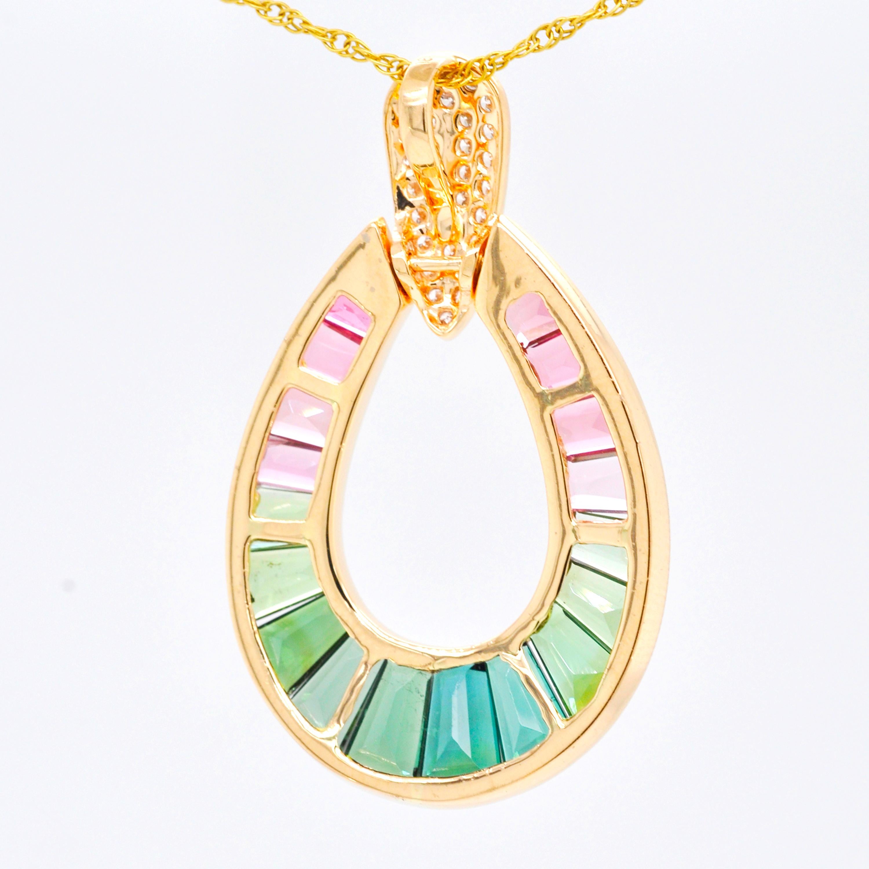 18K Gold Watermelon Tourmaline Raindrop Diamond Pendant Necklace 4