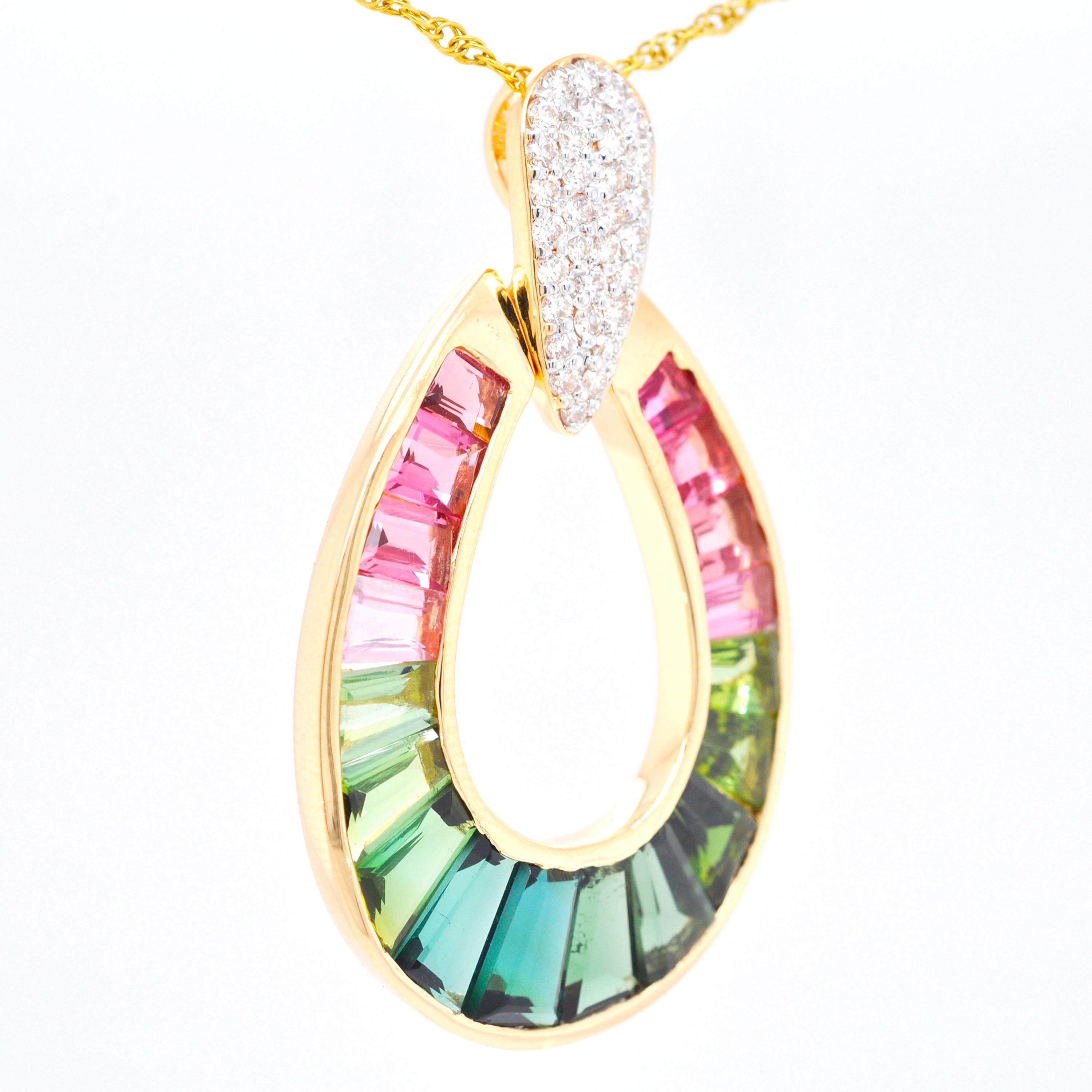 Women's 18K Gold Watermelon Tourmaline Raindrop Diamond Pendant Necklace