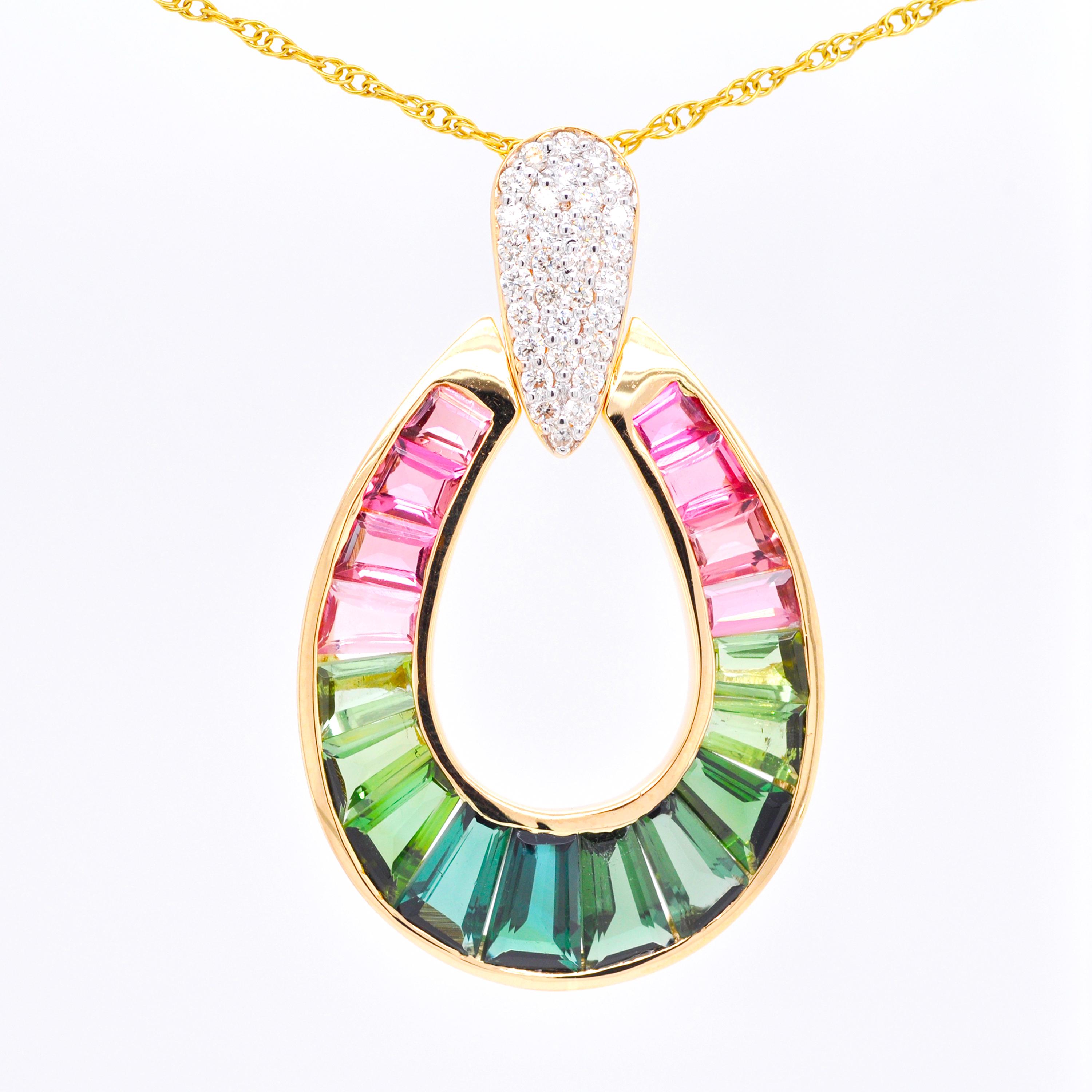 18K Gold Watermelon Tourmaline Raindrop Diamond Pendant Necklace 1