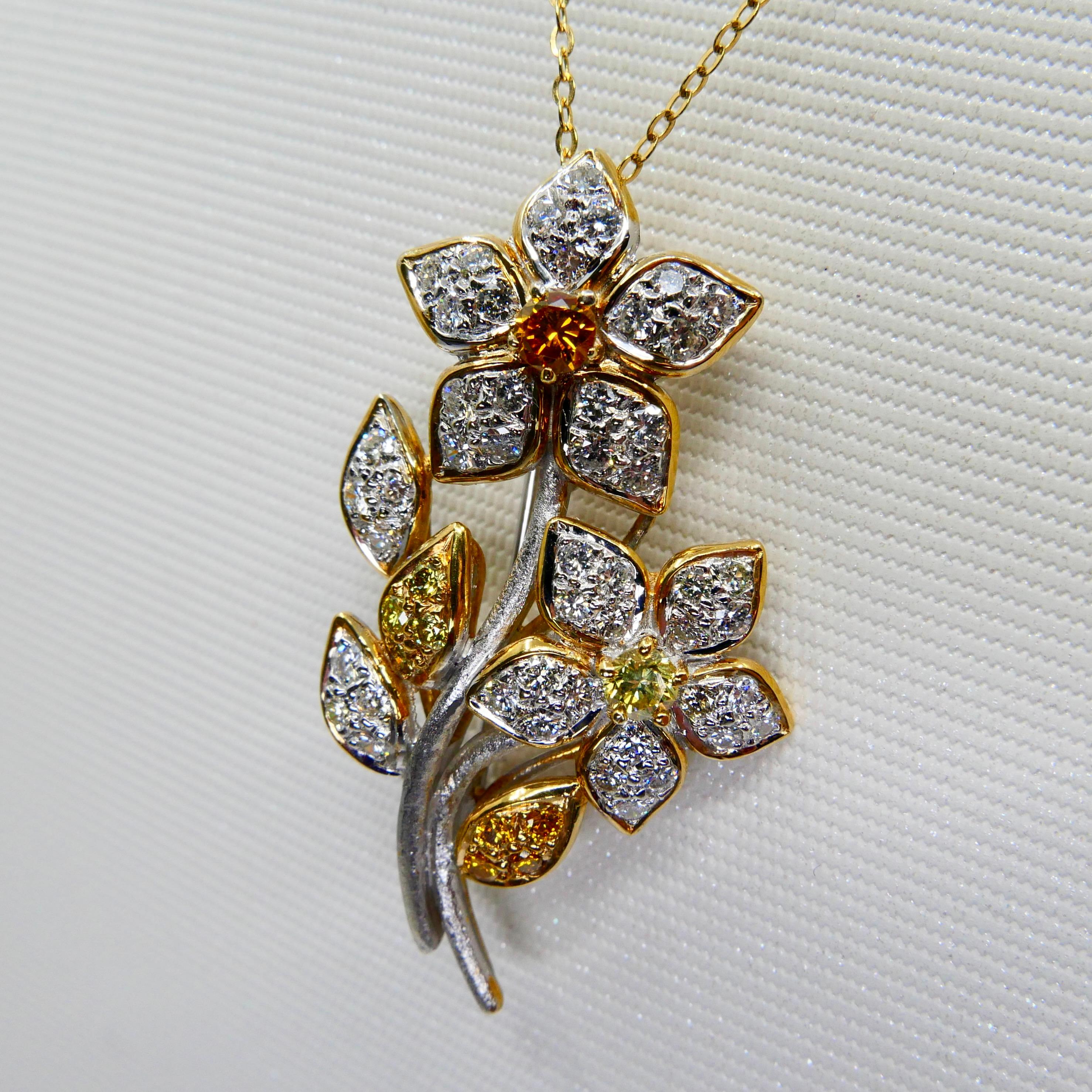 18K Gold, White and Fancy Yellow Color Diamond Flower Brooch Pendant, Two Use For Sale 2