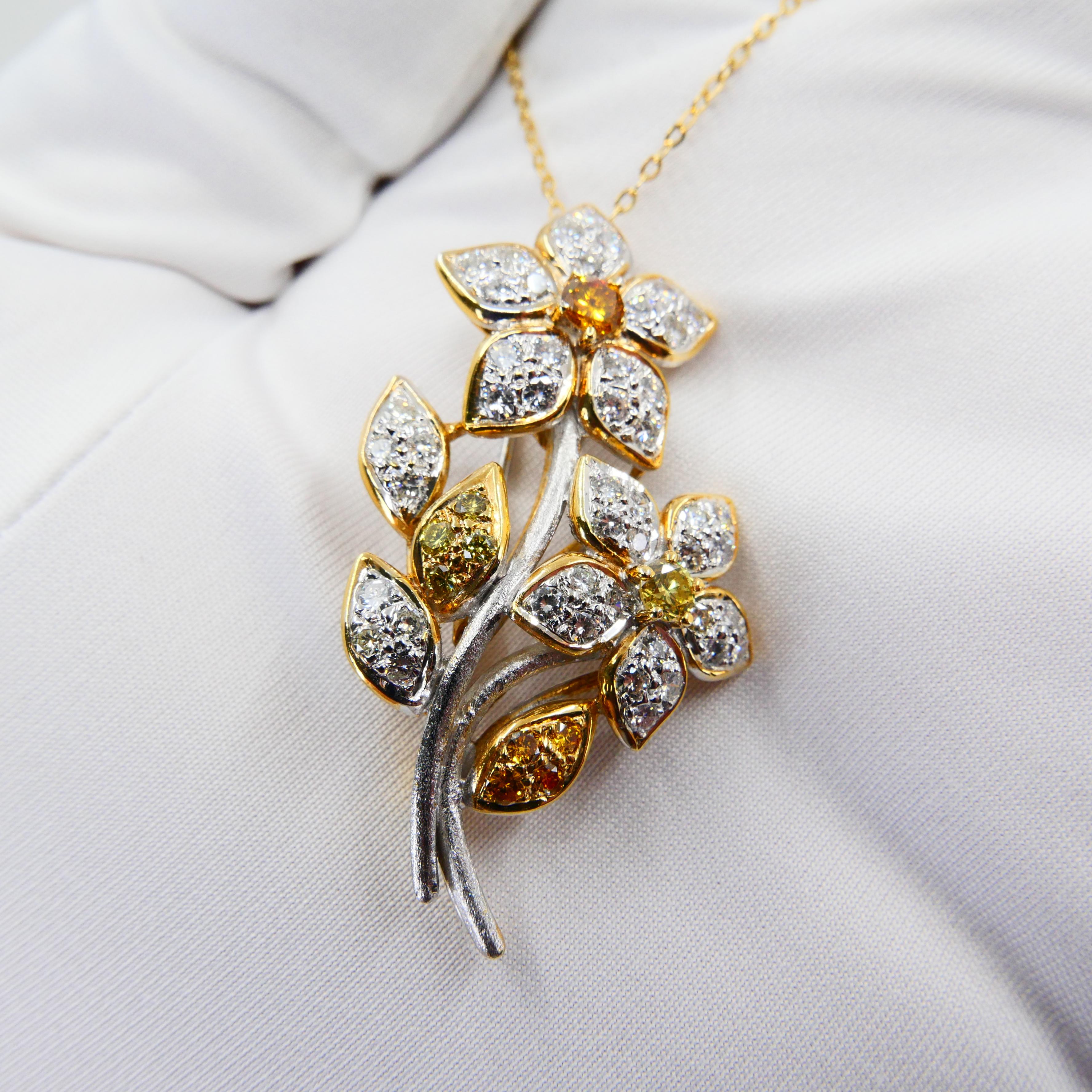 Pendentif broche fleur en or 18 carats, blanc et diamants de couleur jaune fantaisie, deux utilisations en vente 6