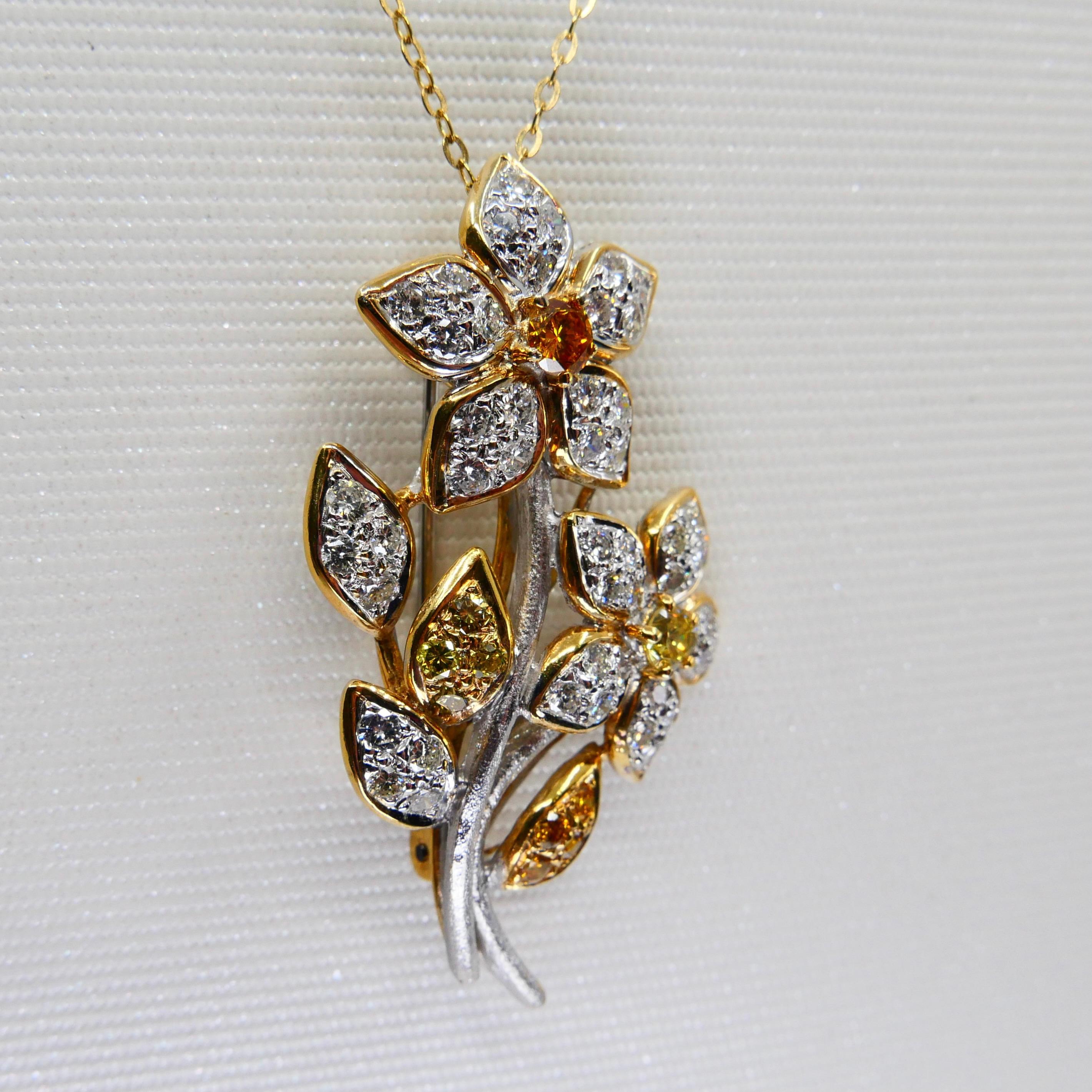 18K Gold, White and Fancy Yellow Color Diamond Flower Brooch Pendant, Two Use For Sale 4