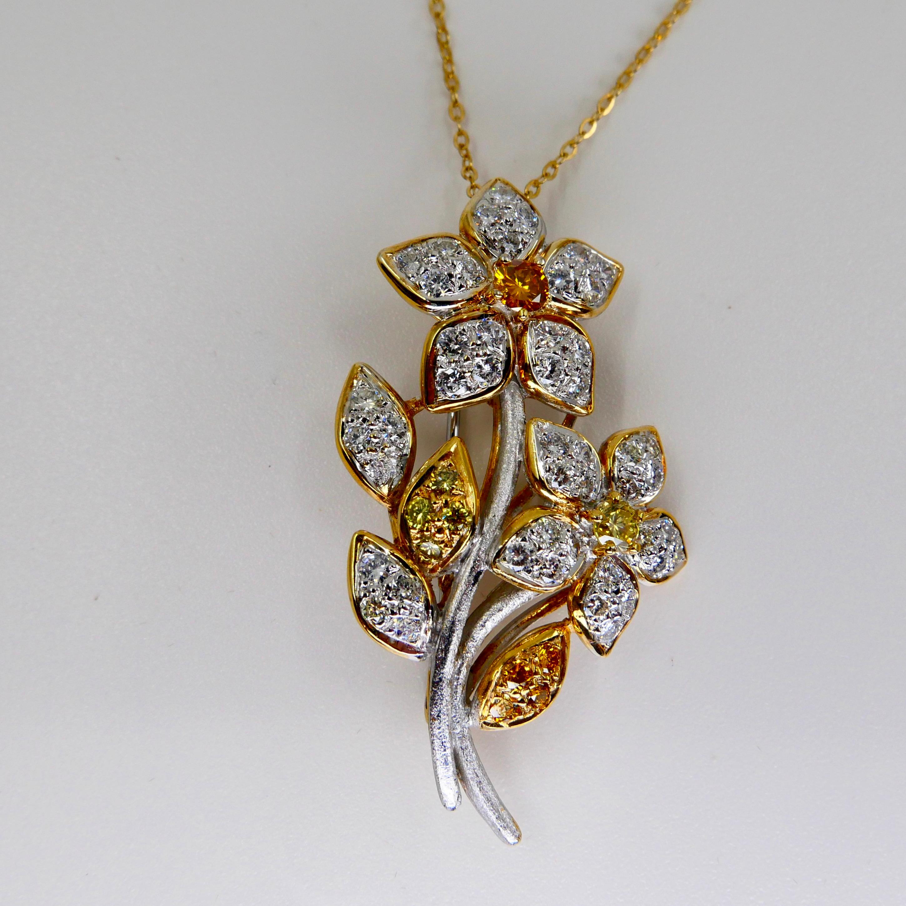 18K Gold, White and Fancy Yellow Color Diamond Flower Brooch Pendant, Two Use For Sale 5