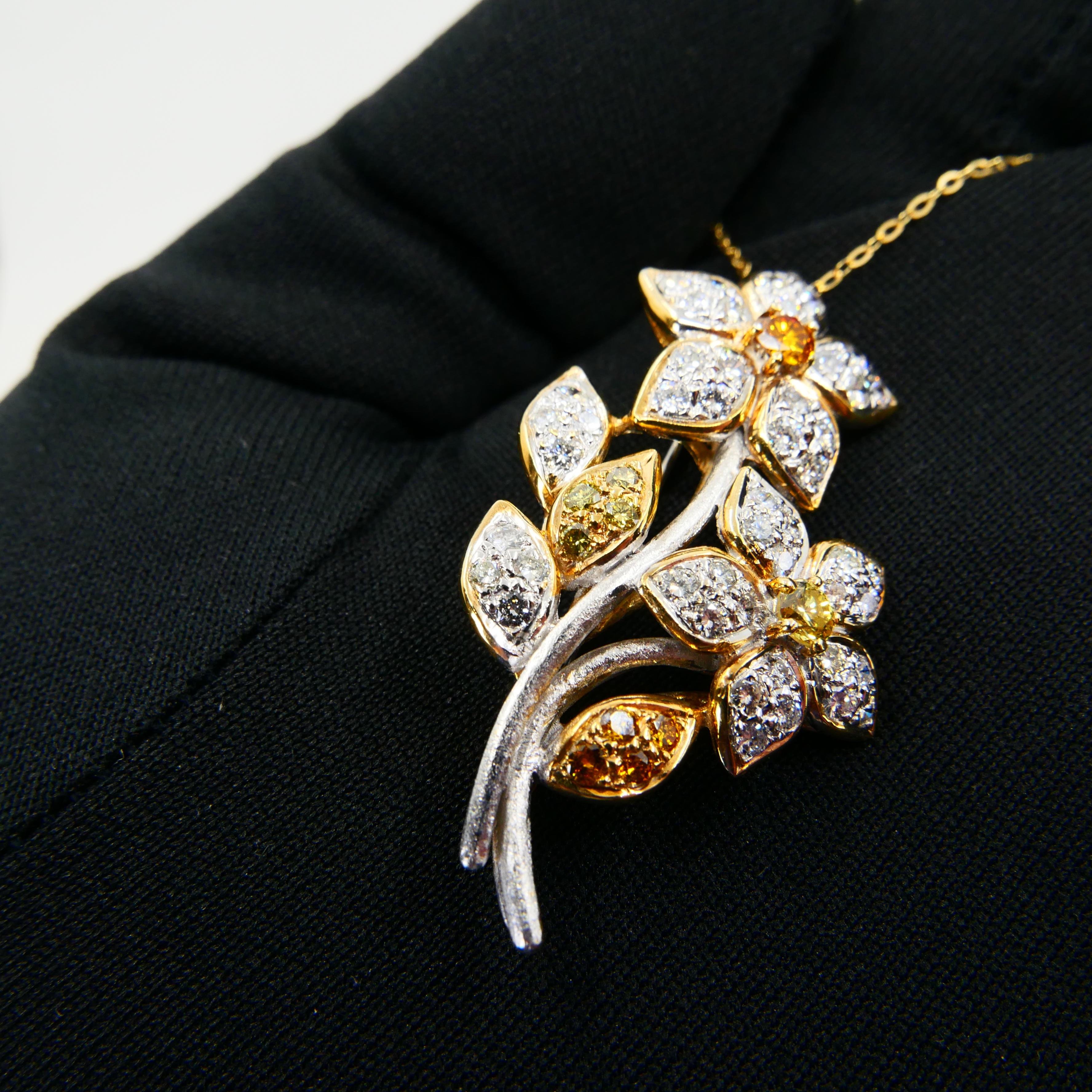 Round Cut 18K Gold, White and Fancy Yellow Color Diamond Flower Brooch Pendant, Two Use For Sale