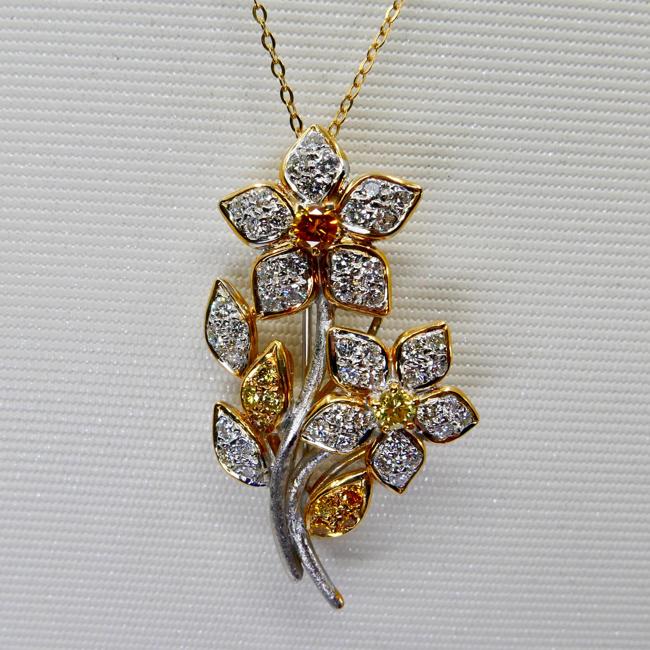 18K Gold, White and Fancy Yellow Color Diamond Flower Brooch Pendant, Two Use In New Condition For Sale In Hong Kong, HK