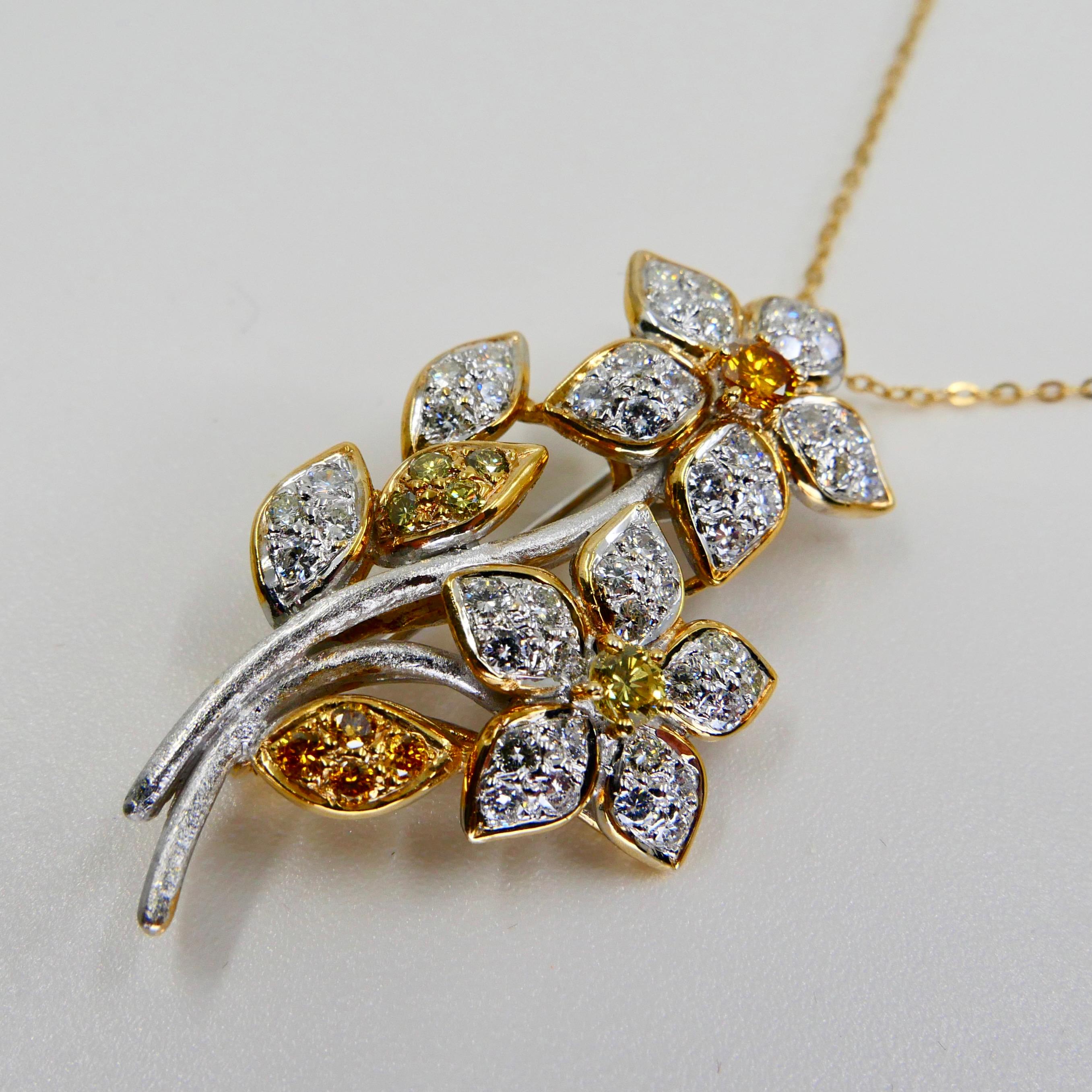 Women's or Men's 18K Gold, White and Fancy Yellow Color Diamond Flower Brooch Pendant, Two Use For Sale