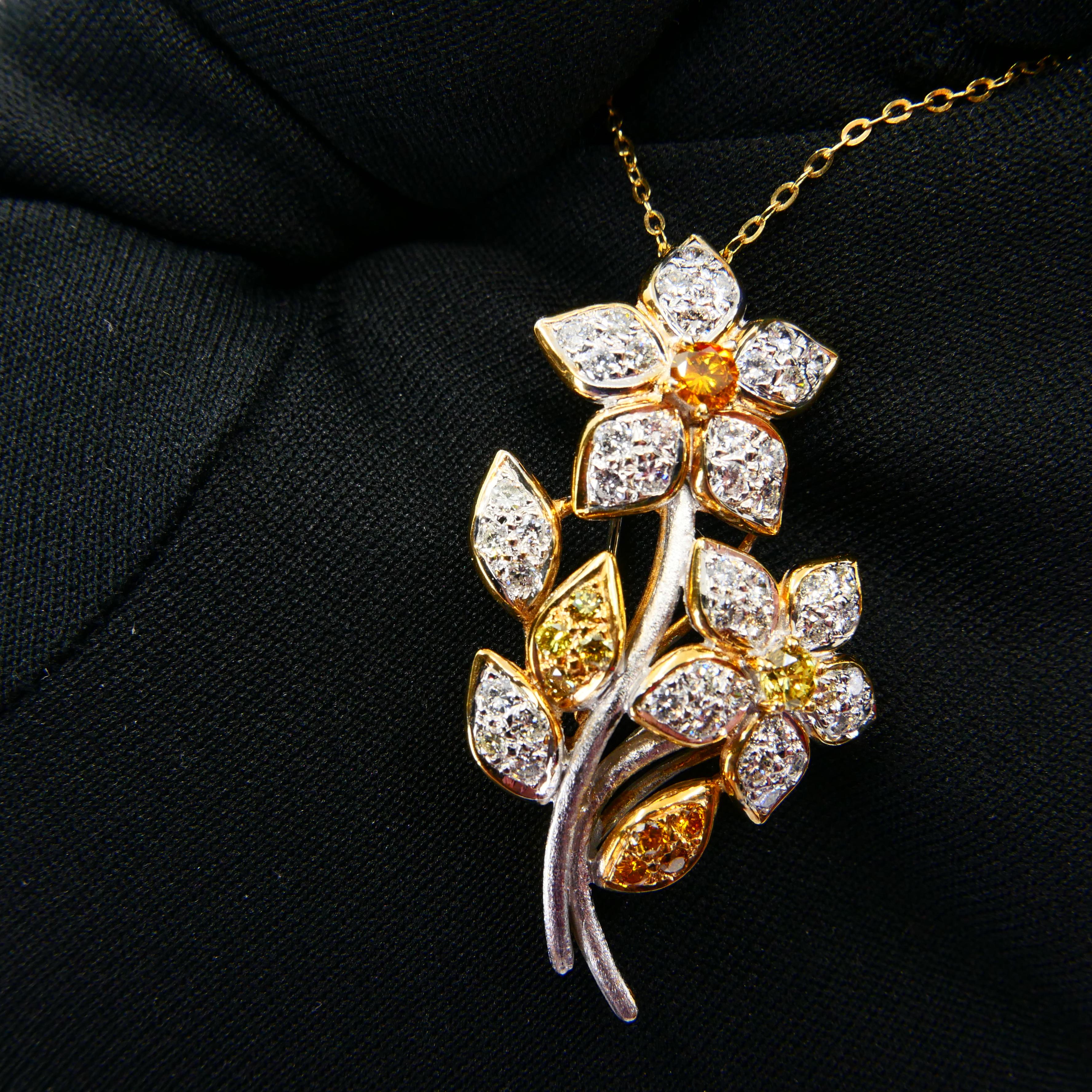 18K Gold, White and Fancy Yellow Color Diamond Flower Brooch Pendant, Two Use For Sale 1
