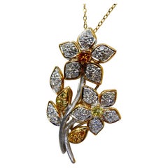 18K Gold, White and Fancy Yellow Color Diamond Flower Brooch Pendant, Two Use