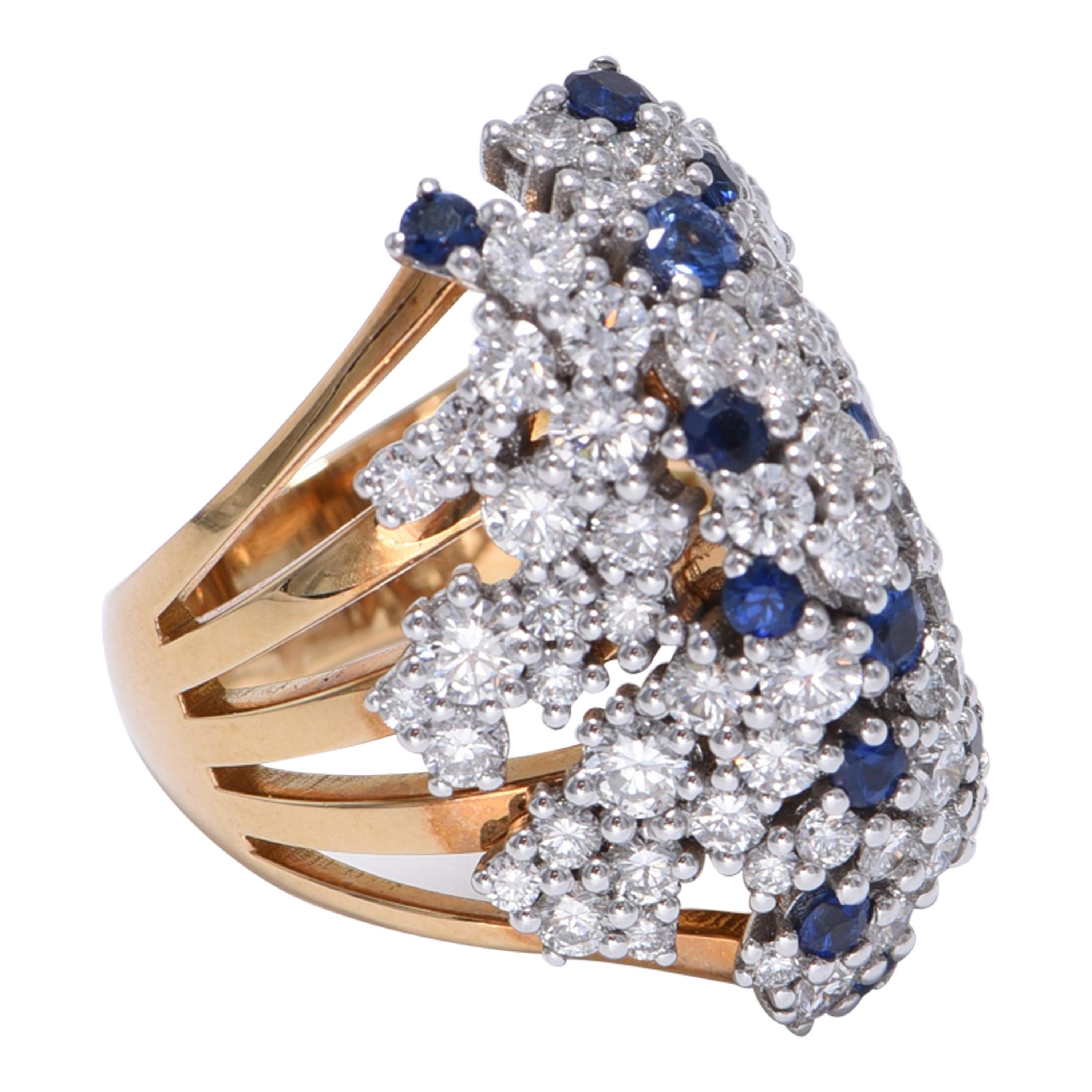 18K Gold, White Diamond, and Blue Sapphire Ring