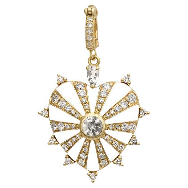18K Gold White Enamel and White Diamonds Heart Pendant For Sale