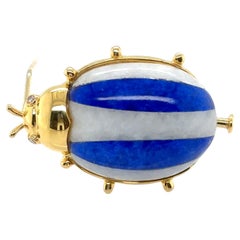 18k Gold White Jade and Lapis Ladybug Pin
