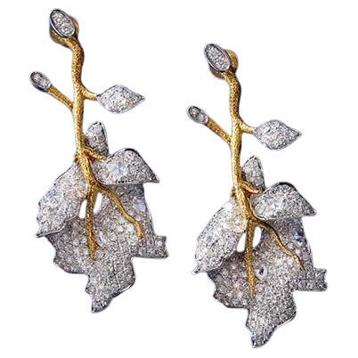 18K Gold White Multi-Toned Diamond Leaf Earrings
