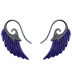 18K Gold Wing Earrings e-coated in blue with Lapis Lazuli and White Diamonds