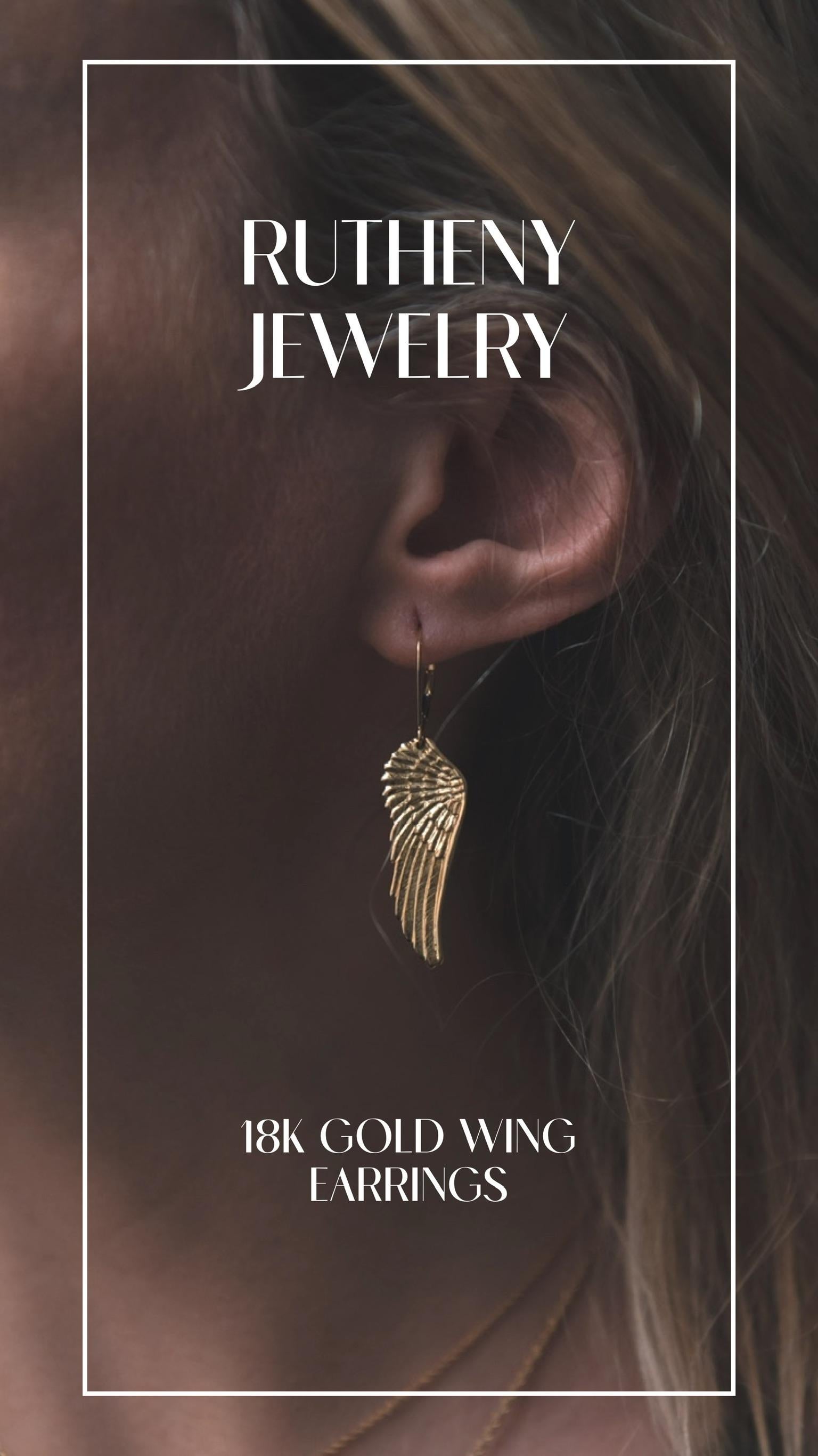 18K gold wing earrings or, as some customers like to call them: 18K angel wing earrings. these 18K wings are carved by hand by Jennifer Rutheny. They are part of a limited edition line of 18K gold “flight” jewelry, which consists of feathers and