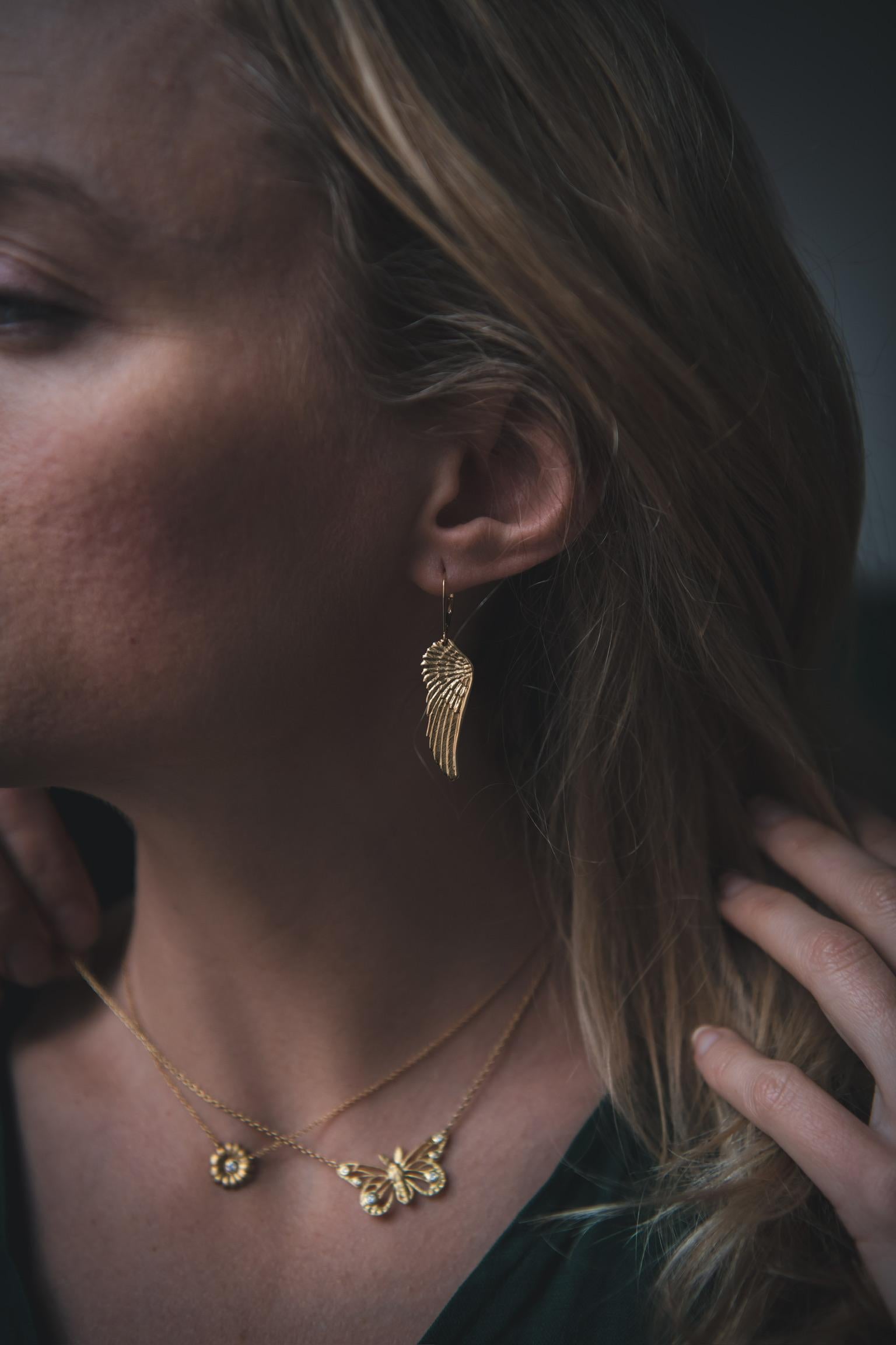 Artisan 18K Gold Wing Earrings For Sale