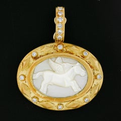 18K Gold Winged Horse Unicorn Carved Mother Of Pearl w/ Diamond Enhancer Pendant