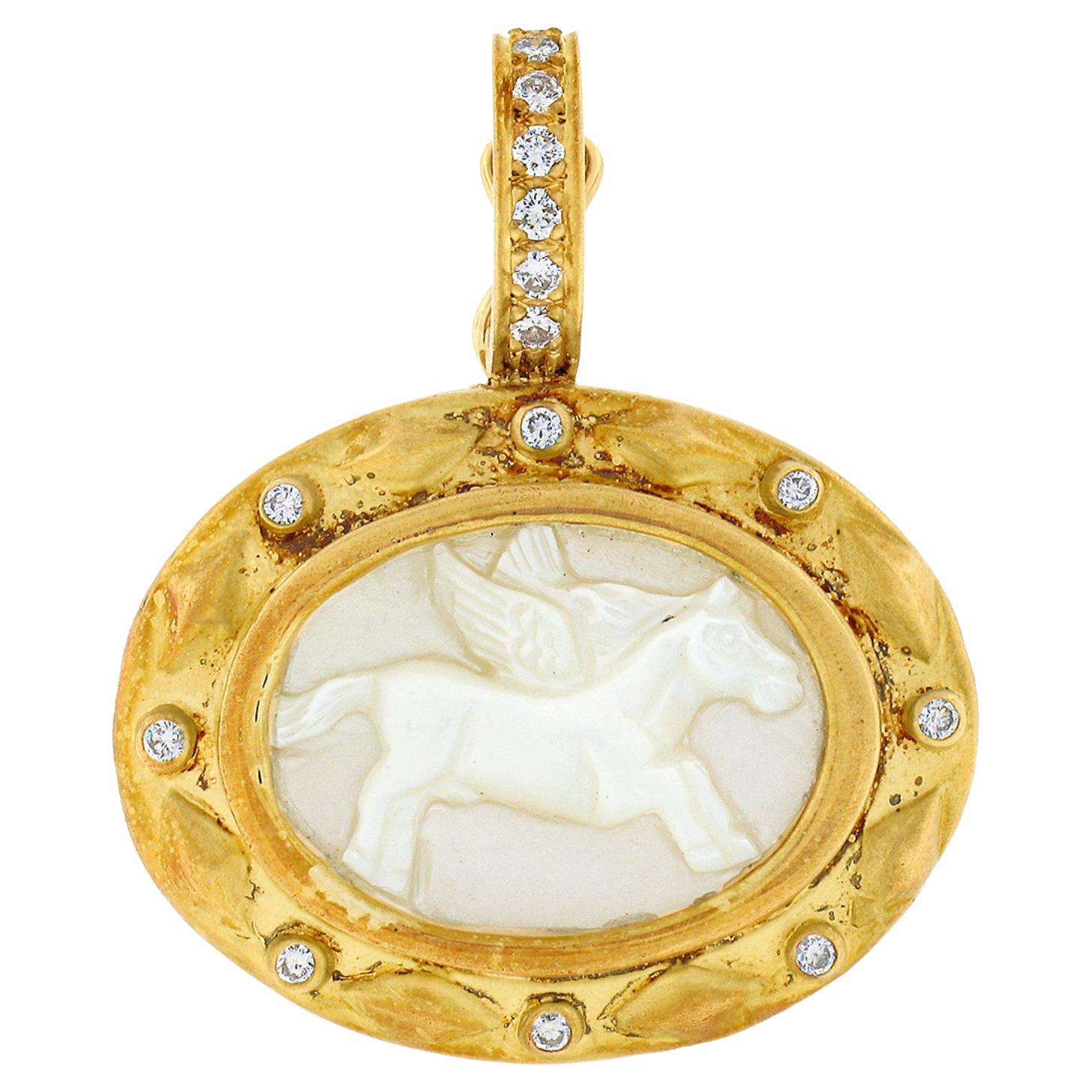 18K Gold Winged Horse Unicorn Carved Mother Of Pearl w/ Diamond Enhancer Pendant