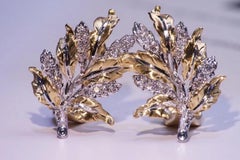 18K Gold Wire Drawing Leaf-Shaped Clip on Earrings with Diamonds
