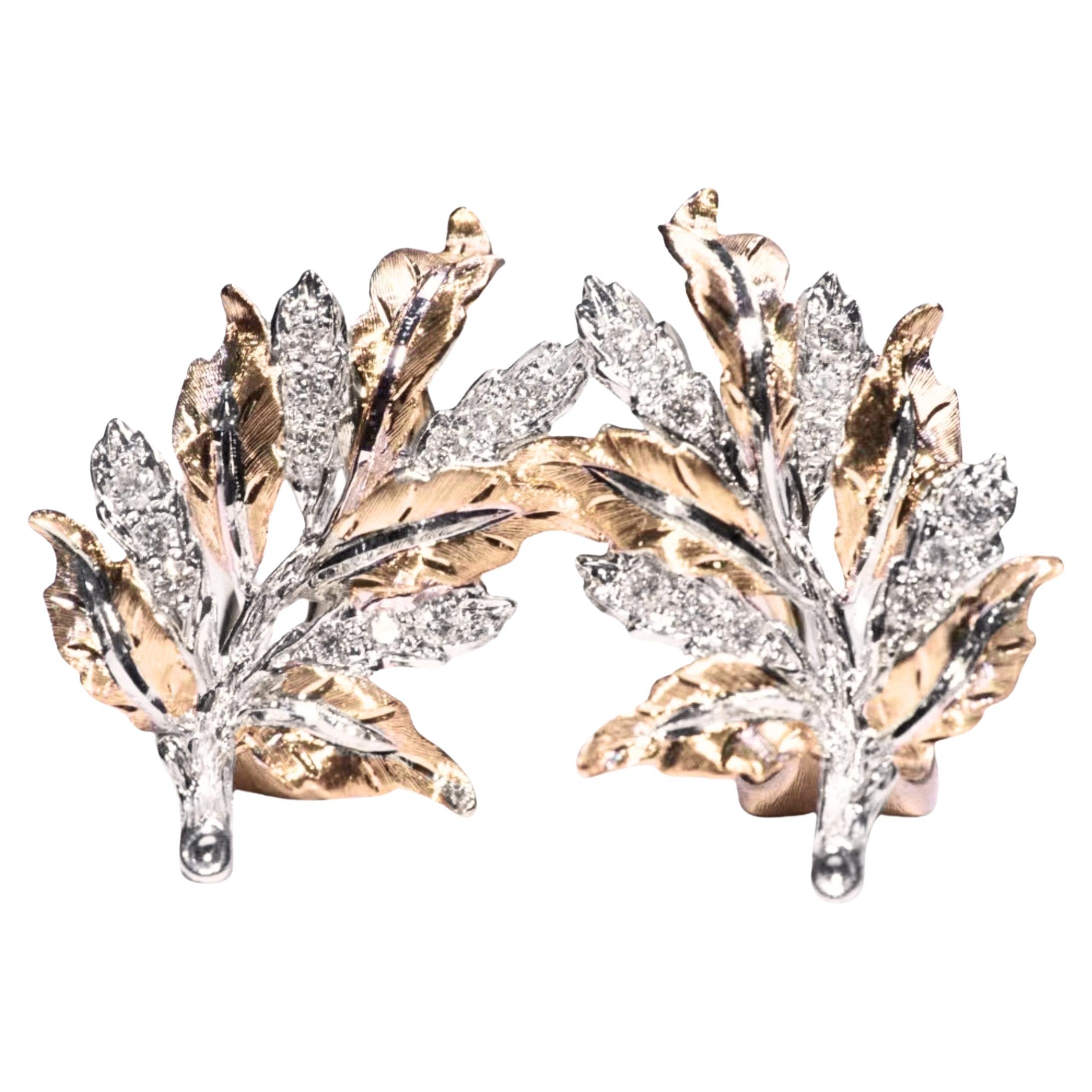18K Gold Wire Drawing Leaf-Shaped Clip on Earrings with Diamonds