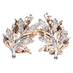 18K Gold Wire Drawing Leaf-Shaped Clip on Earrings with Diamonds