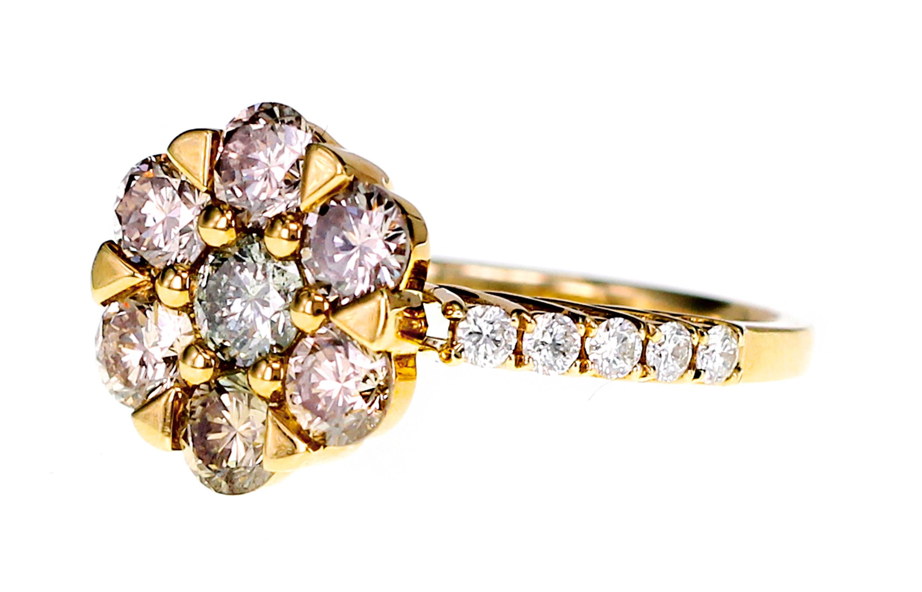 Un total de 1,56 quilates de diamantes naturales de color mixto fantasía están engastados en este anillo. Se compone de diamante rosa, diamante amarillo verdoso, diamante rosa pardusco y diamante amarillo. Junto con el color fantasía, el anillo