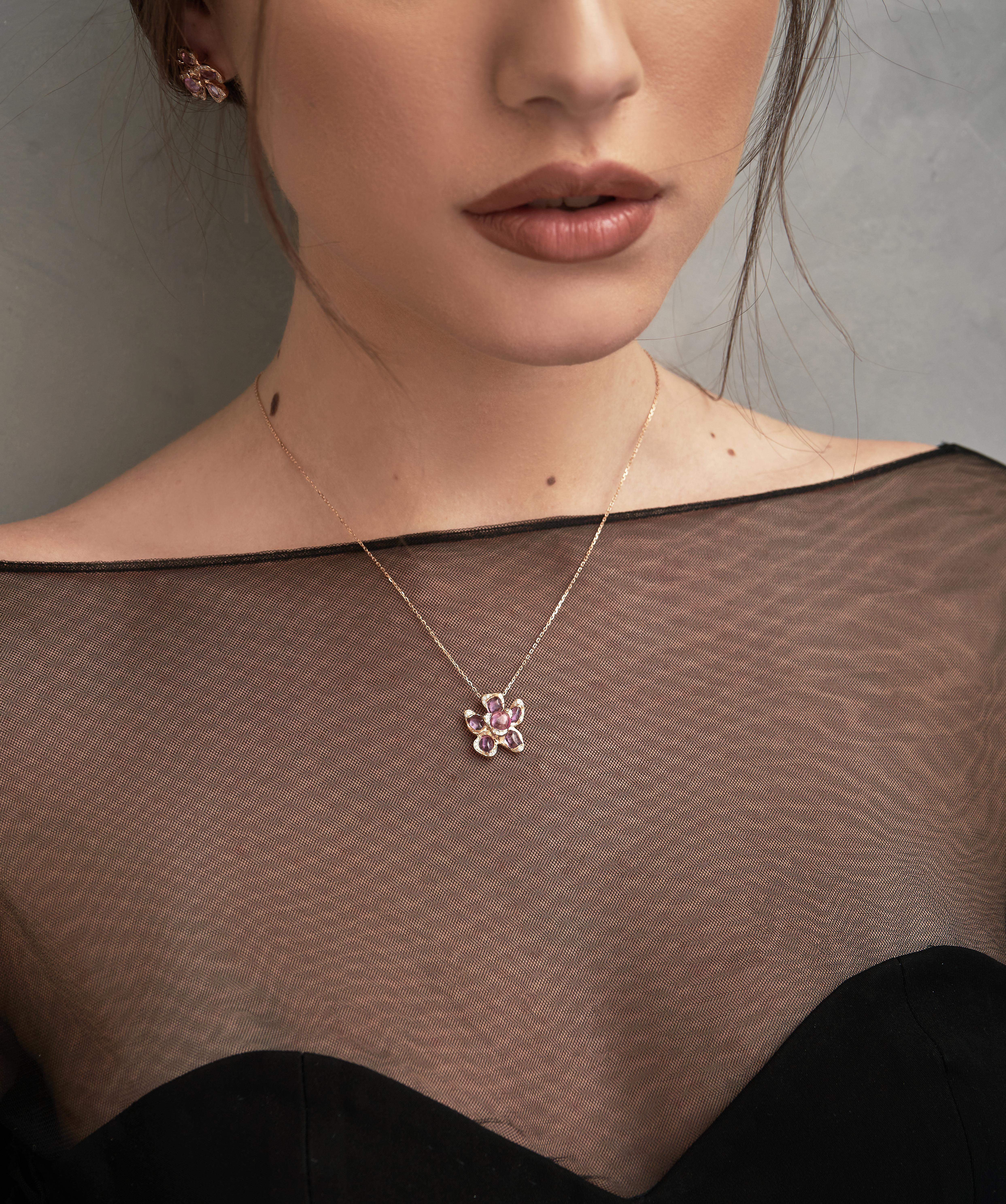 Art Deco Ruwaya 18k Gold with Pink Sapphires and Round Cut Diamonds For Sale