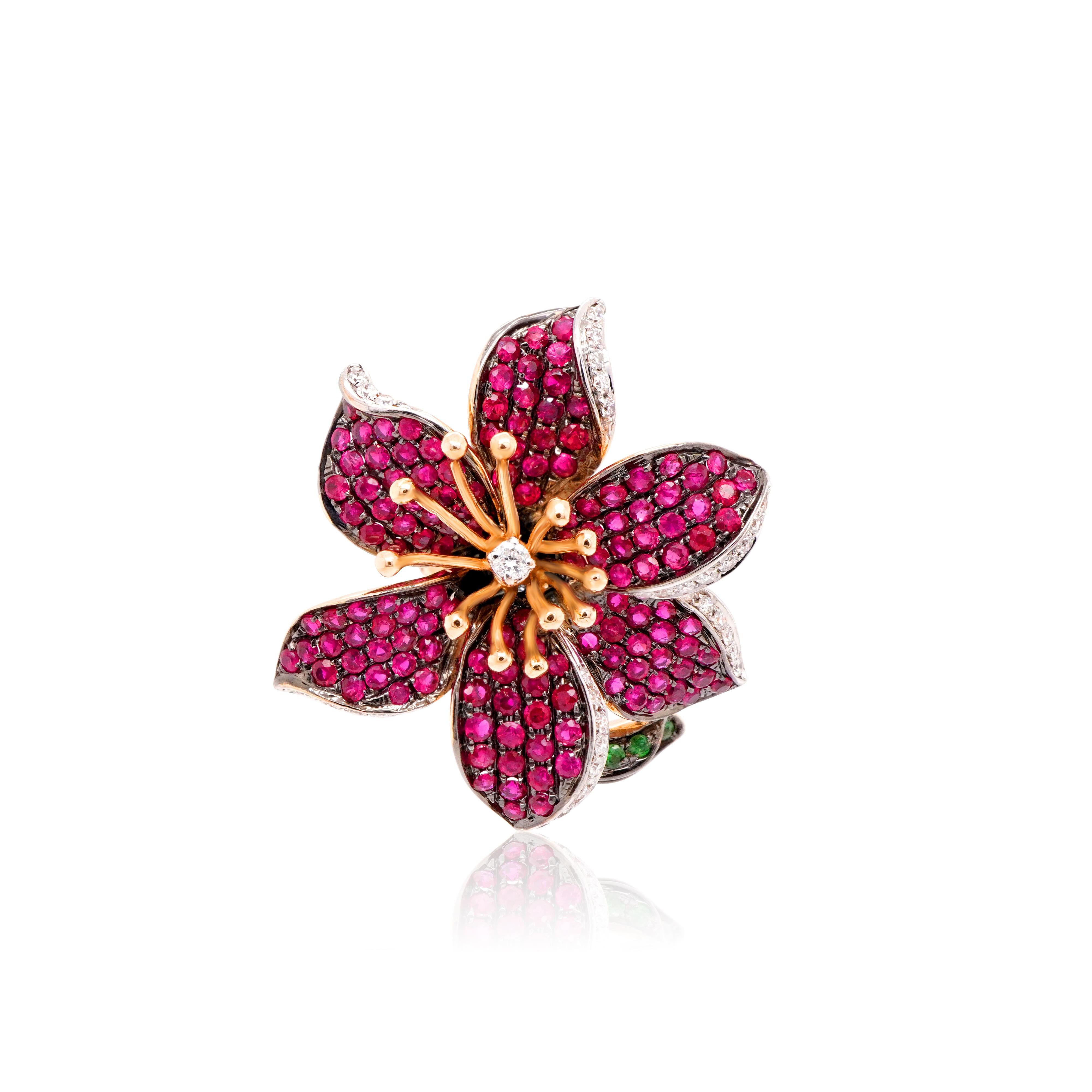 18K GOLD with Rubies and Diamonds and Green Garnet 
GARDEN FLOWER PARADISE COLLECTION 

74 ROUDN DIAMONDS 0.52 CT
16 ROUND GREEN GARDEN T 0.18 CT
287 ROUND RUBIES 4.17 CT 
18KR 17.06 GM

Don't miss a chance to embrace yourself with an amazing