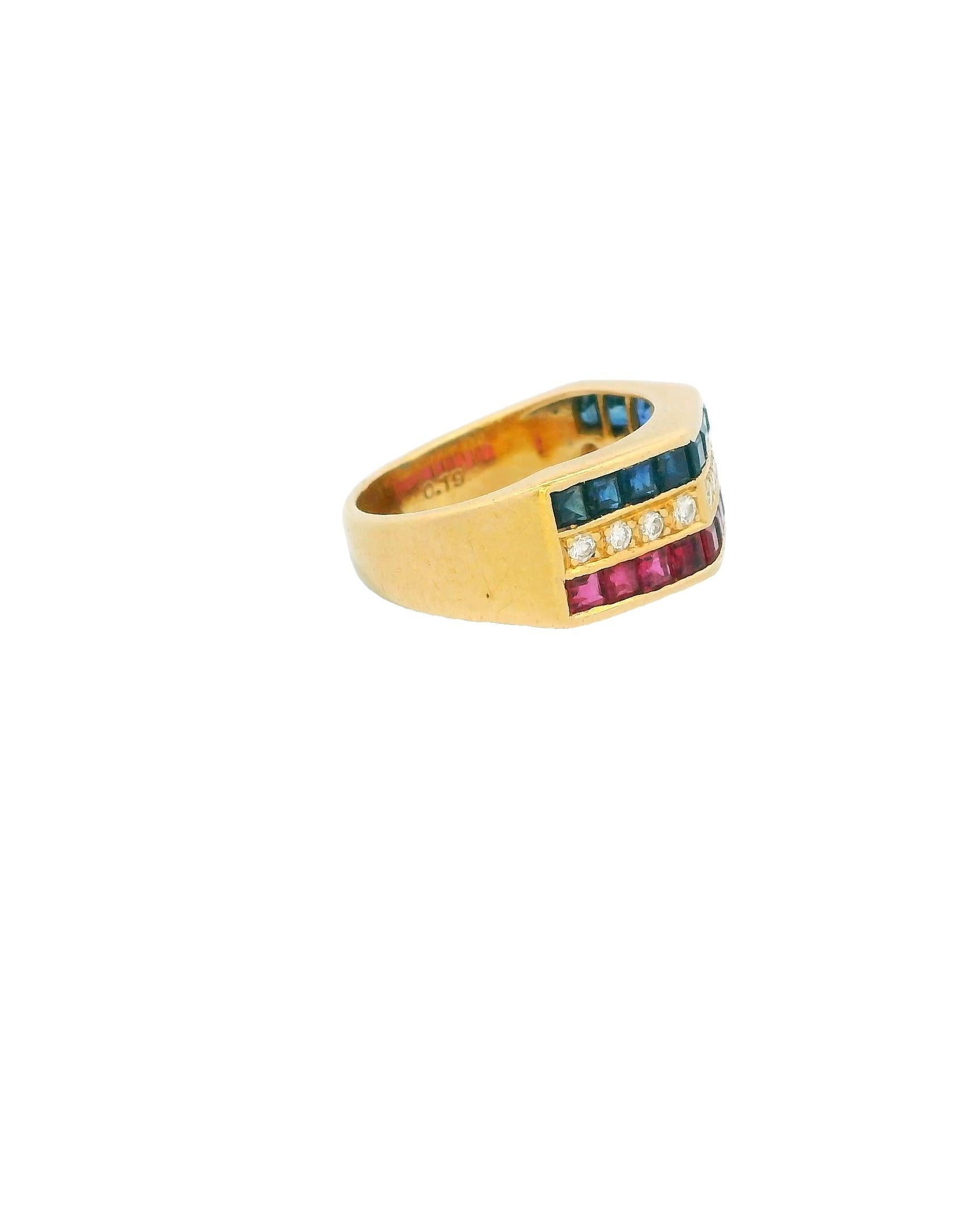 Elegant 21st Century 18k Gold Diamond Ruby Sapphire Ring. This exquisite ring is crafted in 18k gold. It features three rows of vibrant gemstones: a top row of deep blue sapphires, a middle row of sparkling diamonds, and a bottom row of rich red